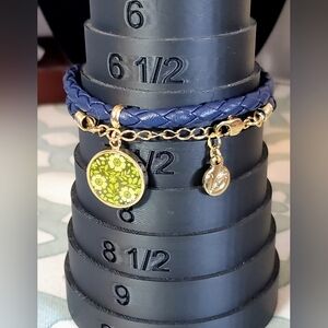 Vera Bradley Navy Braided Leather Bracelet with Goldtone Chain & Floral Charm